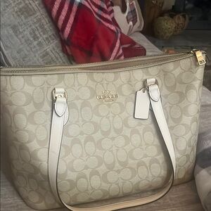 Coach Cream Tote with Monogram Pattern and Gold Hardware